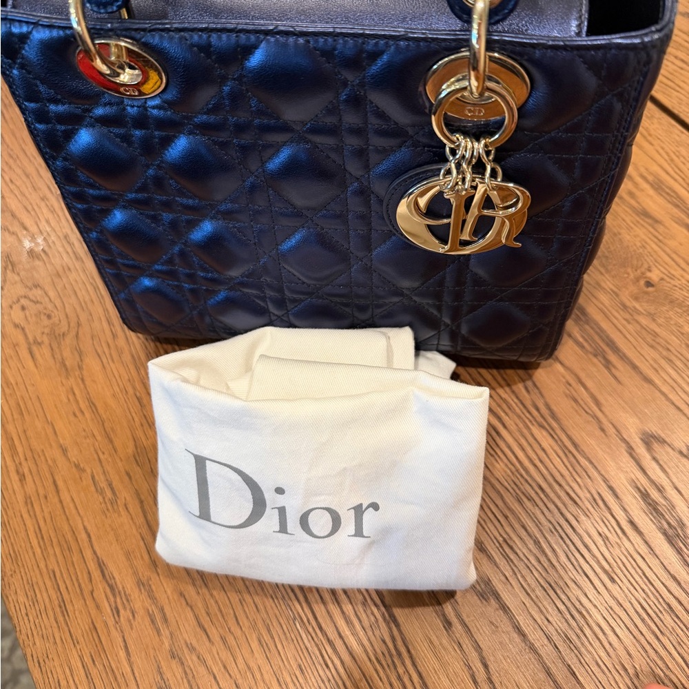 Dior Navy Quilted Lady Dior Satchel with Gold Hardware